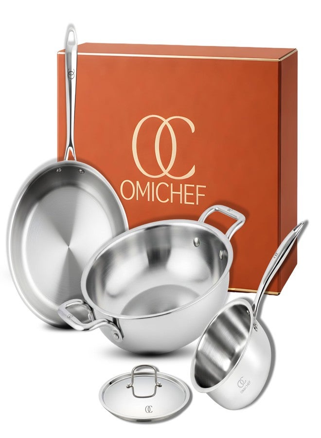 Omichef طقم أواني طهي ثلاثي من أوميشيف | كاداي (24 سم/3.1 لتر) + مقلاة (24 سم/1.95 لتر) + قدر/قدر شاي/قدر حليب (16 سم/1.75 لتر) | معتمد من معهد المواصفات الهندية (ISI) ومناسب للاستخدام مع المواقد الحثية - Image 1